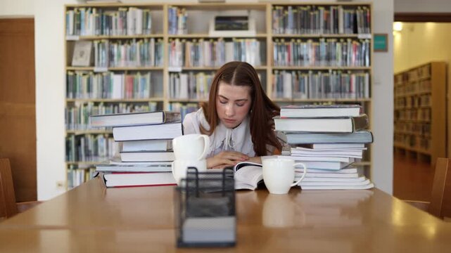 Young student keeps studying alone in a quiet library surrounded by books and empty coffee cups while intense exam preparation demands focus despite growing exhaustion