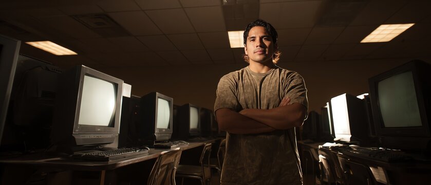 Focused individual in a computer lab setting.