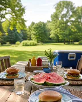 Summer table with hamburgers and watermelon slices near blue cooler, outdoor dining concept