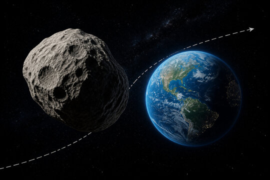 Grey asteroid near blue Earth with dotted path, space exploration concept