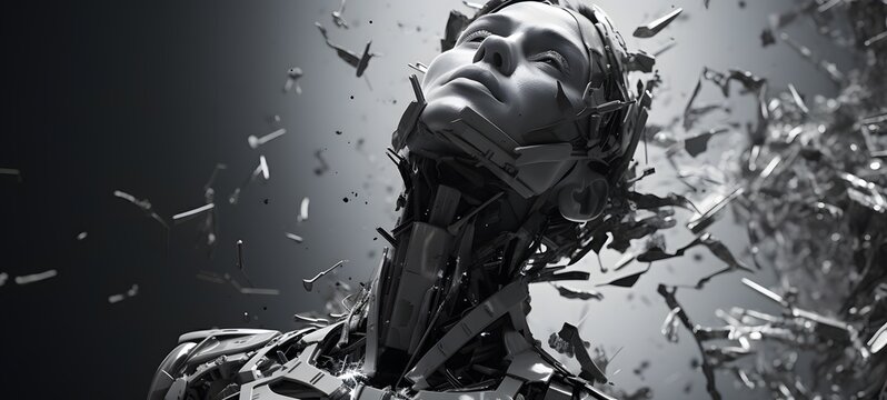 art of Broken Cyborg a black and white high contrast full body. Generative Ai