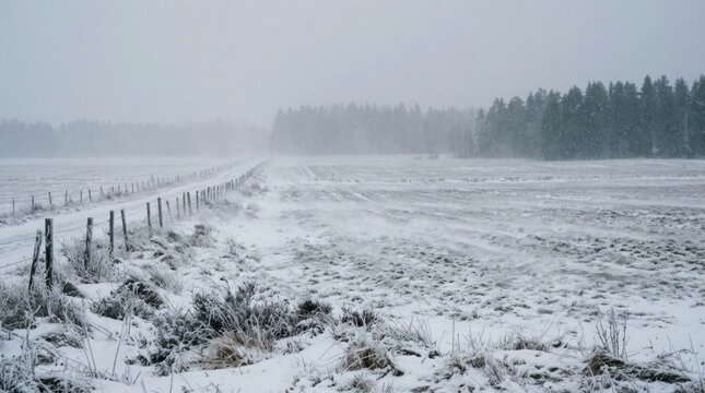 Snow-covered field with wooden fence posts