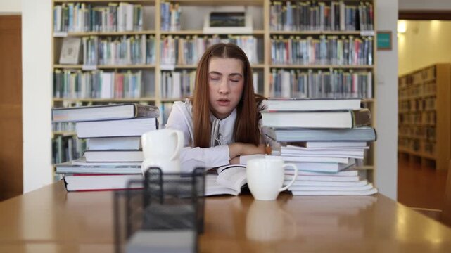 Exhausted student stares ahead after hours of intense studying surrounded by books and empty coffee cups feeling mentally drained during demanding final exam preparation