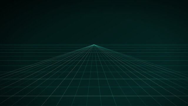 Retro futuristic synthwave grid background, neon cyan wireframe perspective floor, digital 80s style landscape vector