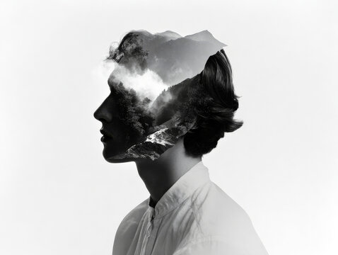 Monochrome surreal double exposure portrait with mountain landscape and clouds for creative poster or conceptual background