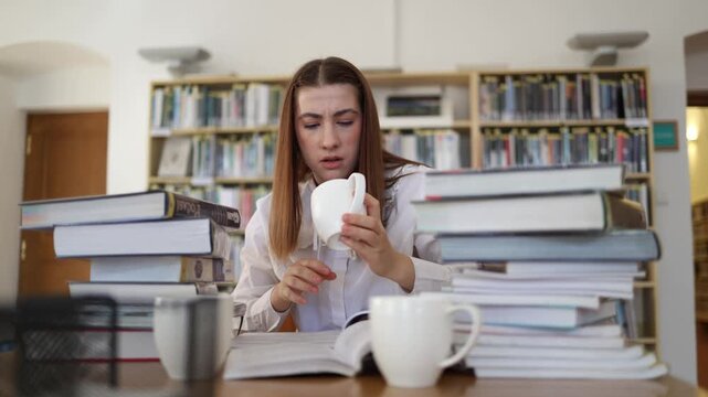 Exhausted student discovers another empty coffee cup after hours of studying and realizes how much caffeine she consumes to survive demanding preparation for final exams