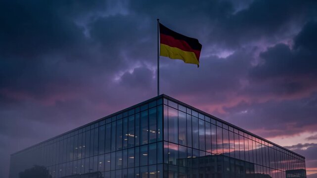 Modern Glass Building with German Flag at Dusk.