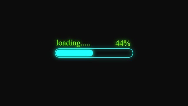 Neon blue loading bar with forty four percent progress text on a dark background for digital interface design and web technology concepts showing the status of a download or file transfer