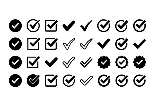 Black check mark vector collection with verified approval and task completion symbols for UI design