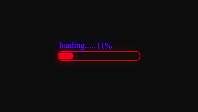 Red glowing loading bar showing eleven percent progress with purple text on a dark screen representing digital data transfer and technology process status for websites and applications