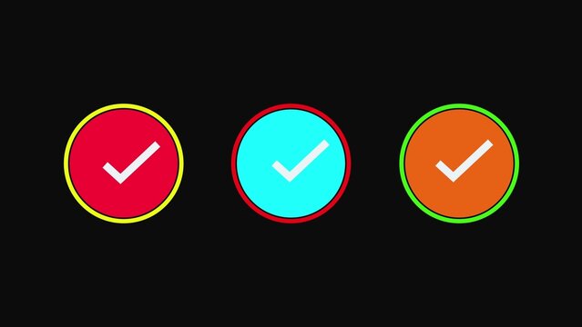 Set of three colorful round check mark icons with white signs for business and user interface design projects isolated on a transparent background for easy use in web and mobile apps