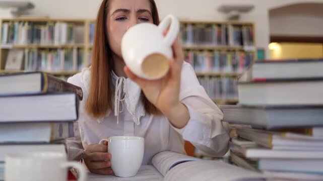 Tired student realizes she has already drank over three cups of coffee while studying in the library and worries about relying on caffeine during intense exam preparation