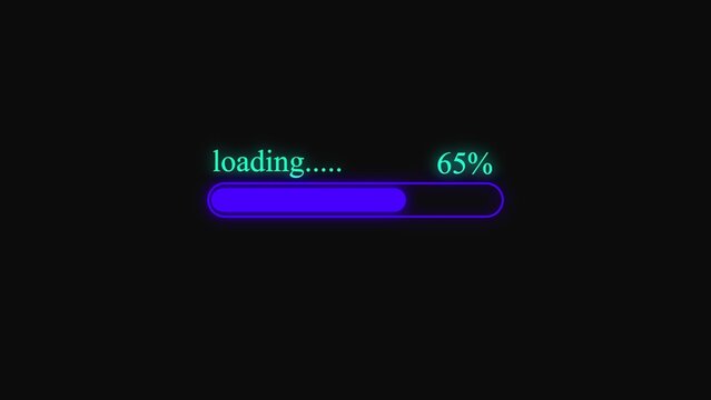 Neon blue progress bar showing sixty five percent loading status on a dark background for digital interface design and web technology concepts as a modern user experience element
