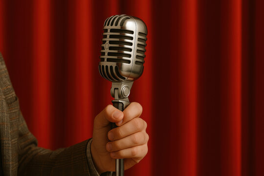 Retro chrome microphone held by person in plaid jacket against red curtain background vintage music performance concept with warm lighting and classic style