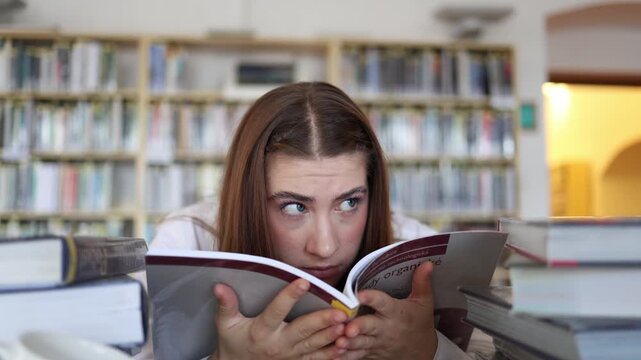 Determined student studies a difficult textbook closely in the library trying to understand complex material without giving up during demanding exam preparation all alone