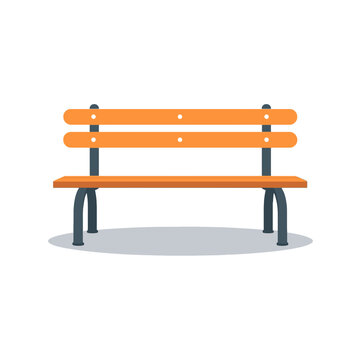 Simple wooden park bench with metal legs for sitting in public garden area or outdoor space isolated on transparent background, Vector