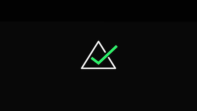 Minimalist white triangle icon with a bright green check mark symbol for user interface design and web development projects isolated on a transparent background for easy graphic editing
