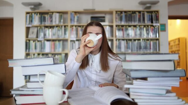 Sleepy student reaches for another cup of coffee while struggling to continue exam preparation in the library after hours of reading and fighting overwhelming fatigue now