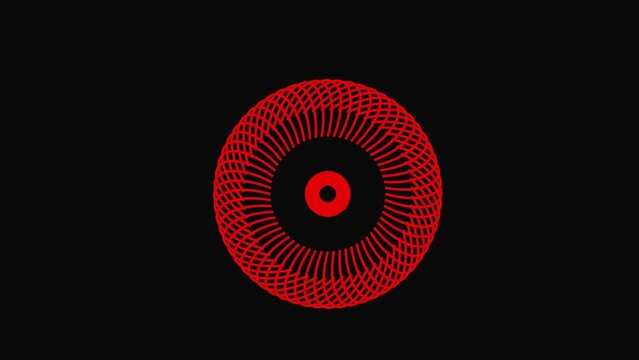 Abstract red geometric circle pattern made of fine lines forming a rotating ring shape isolated on a black background for modern digital art and technology graphics design projects