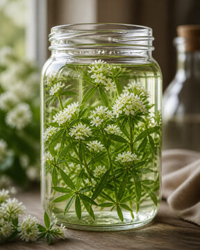 Fresh sprigs of sweet woodruff submerged in clear liquid in a jar.