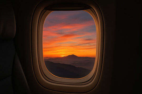 Sunset sky with orange and purple clouds over mountain range viewed through airplane window creating peaceful and luxurious air travel experience