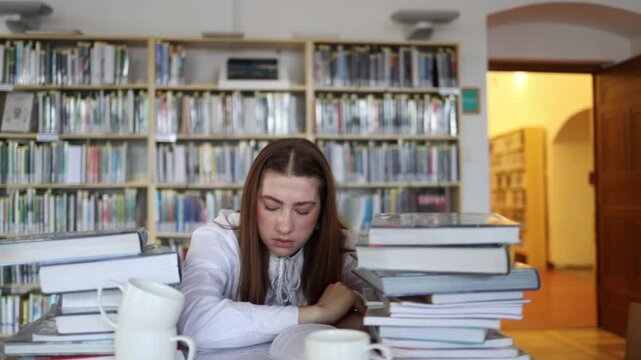 Sleepy student wakes at a library desk and tries to continue reading after accidentally falling asleep during exhausting exam preparation surrounded by books and textbook