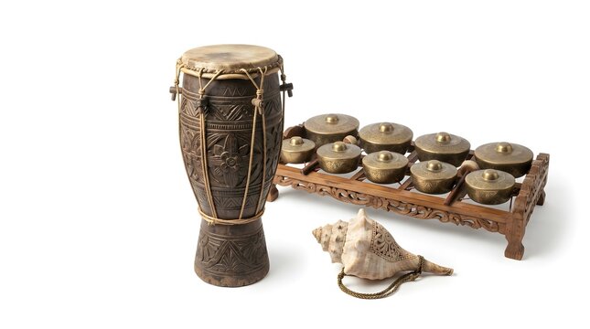 Traditional Indonesian Gamelan Musical Instruments Including Kendang Drum and Bonang.