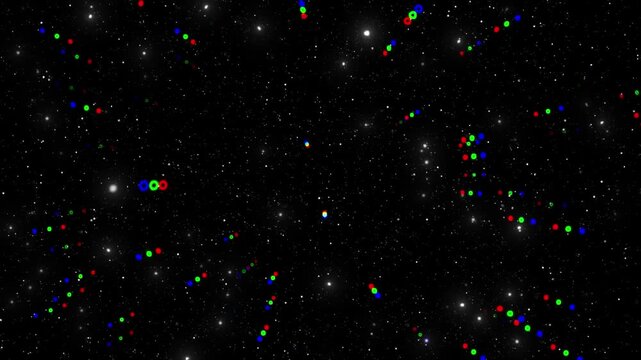 Stars shine brightly in the dark night sky with colorful digital noise artifacts appearing as small red, green, and blue pixels scattered across the deep black background of the cosmic atmosphere.