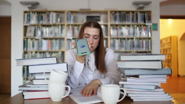 Student argues with an AI voice assistant while studying in a library frustrated by an unhelpful answer and questioning whether technology can replace human thinking in study