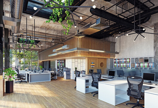 Contemporary industrial style office interior with open layout and exposed ceiling interior workspace industrial