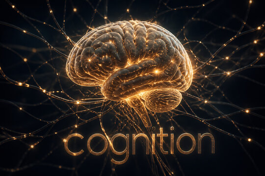 A glowing, intricate brain model surrounded by golden neural network lines against a dark background.