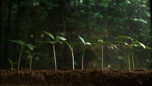 Growing plants in timelapse, Sprouts Germination newborn seedling plant in guano on ground with forest background.

