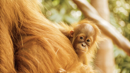 Close up of a newborn Sumatran Orangutans (pongo pygmaeus) is a subspecies of Sumatra, in rainforest, Sumatra, Indonesia.  © pinan