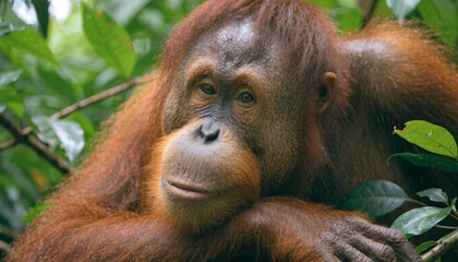 Close up of a Sumatran Orangutans (pongo pygmaeus) is a subspecies of Sumatra, in rainforest, Sumatra, Indonesia.  © pinan