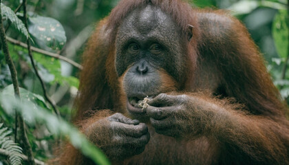 Close up of a Sumatran Orangutans (pongo pygmaeus) is a subspecies of Sumatra, is chewing food in rainforest, Sumatra, Indonesia.  © pinan