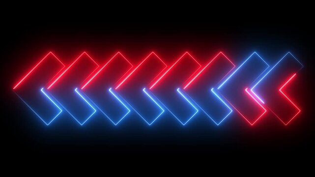 Glowing neon red and blue color direction left arrow sign icon animation journey information road sign signal circle sign symbol on black background
