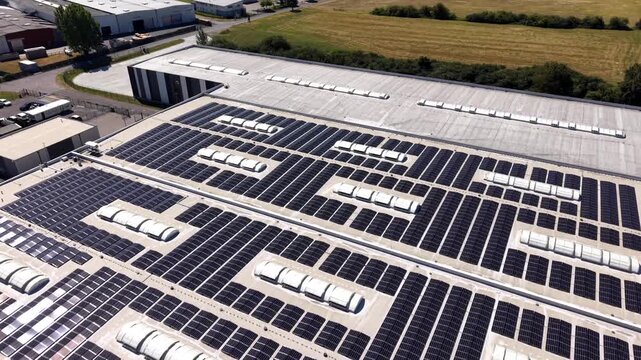 Large warehouse roof covered in solar panel arrays overlooks loading dock doors and stacked wood pallets in German industrial park, golden farmland bordering the property. Aerial drone flyover shot