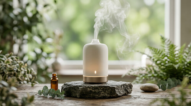 Modern ceramic essential oil diffuser with mist emitting on a rustic table near a window with green indoor plants in a cozy and peaceful home spa environment for relaxation and wellness