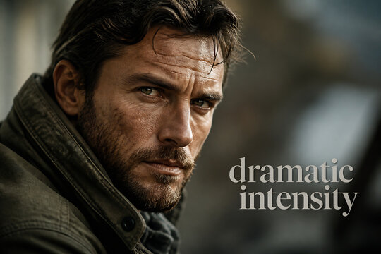 A rugged man with an intense expression is featured in a dimly lit, dramatic setting.