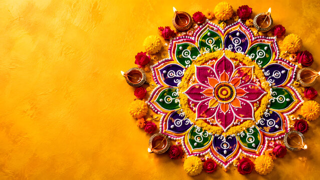 Happy Diwali - Clay Diya lamps lit during Dipavali, Hindu festival of lights celebration. Colorful traditional oil lamp diya on yellow background
