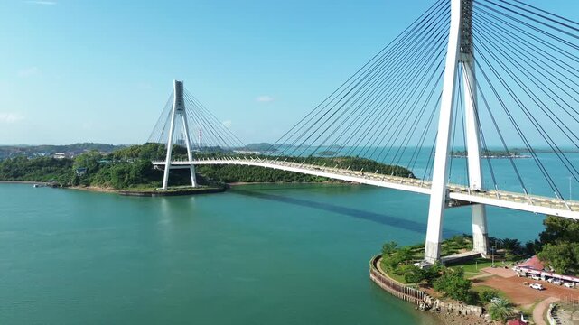 Aerial drone view of Barelang Bridge I (Tengku Fisabilillah Bridge), an iconic cable-stayed bridge landmark connecting islands in Batam, Riau Islands, Indonesia