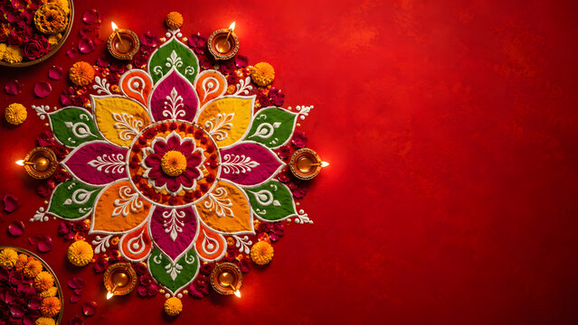 Happy Diwali - Clay Diya lamps lit during Dipavali, Hindu festival of lights celebration. Colorful traditional oil lamp diya on red background