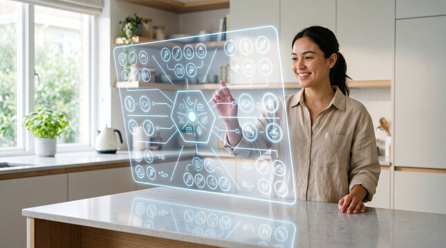 Asian woman standing at a kitchen counter interacting with a floating futuristic smart home control panel hologram interface. Smart kitchen technology.
