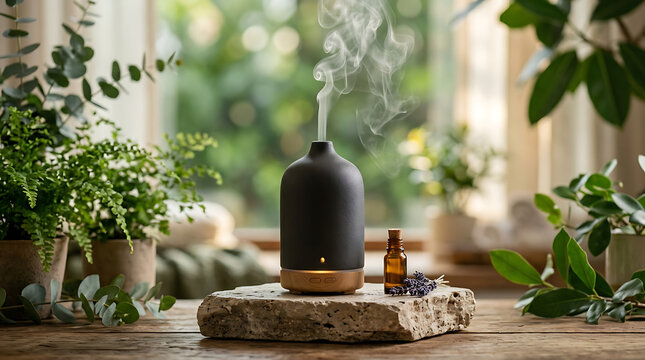 Black ceramic essential oil diffuser with rising steam and green plants on a wooden table near a bright window in a cozy home interior for aromatherapy and relaxation with air freshener