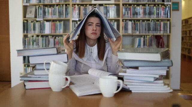 Exhausted student hides under a book in library but keeps studying despite burnout because she must continue preparing for an important upcoming exam under heavy pressure