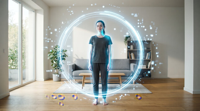 Woman standing inside a glowing blue futuristic holographic portal ring performing a full body scan in a minimalist living room. Health tech and virtual reality.