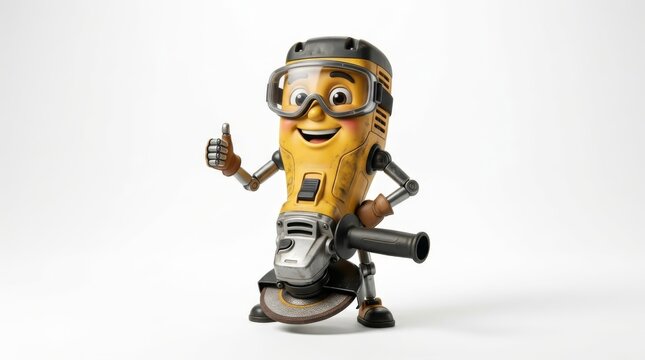 Friendly Grinder Character: A charming, anthropomorphic angle grinder character with a cheerful expression and safety goggles gives a thumbs-up, symbolizing helpfulness and safety in DIY projects.