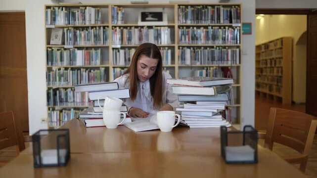 Young woman studies in a quiet library surrounded by books reading academic materials with deep focus while preparing for university entrance exams and future study plans