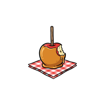 Caramel Apple Featuring A Bite Mark And Dripping Caramel On A Wooden Stick Placed Atop A Gingham Patterned Napkin For A Festive Treat Vector Illustration