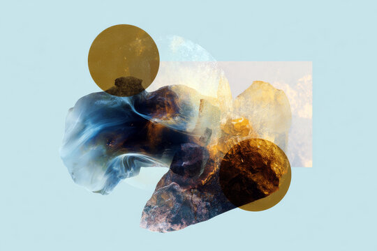 Abstract collage with gold circles and textured overlays on pale blue background for modern poster and background design